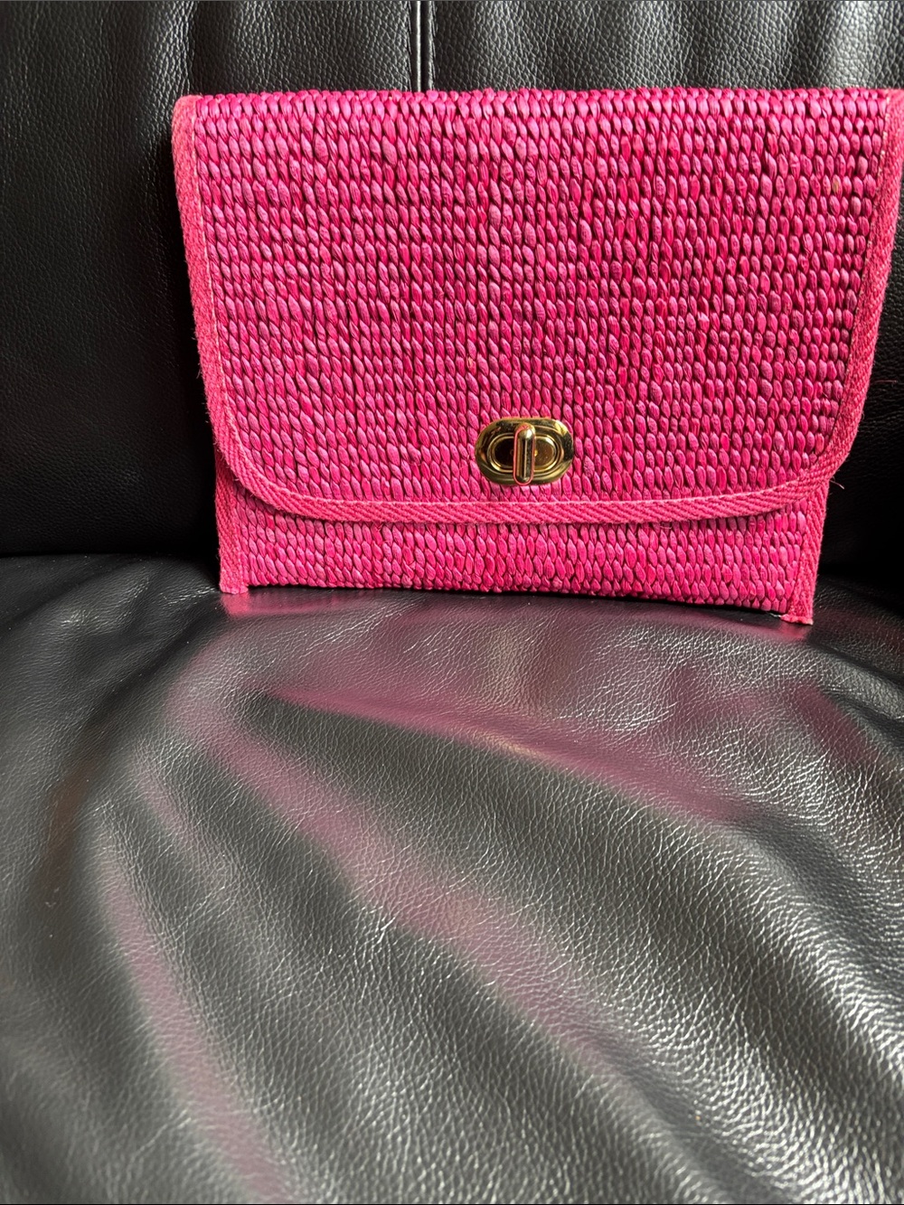 Vibrant Pink Woven Clutch with Gold Turn-Lock